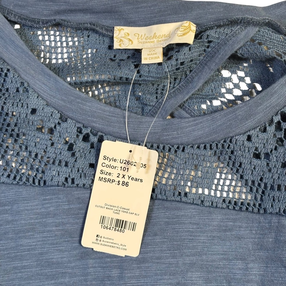 Suzanne Betro Weekend Blue Lace Yoke Cutout Back Tunic Top 2X‎ NWT U2602005 - Picture 5 of 10